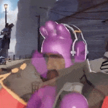 a cartoon character wearing a purple hat and headphones is holding a gun .