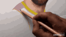 a person is drawing a man 's neck with a pencil and the words made in animatica are visible in the corner