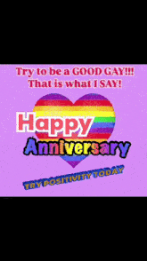 a purple background with a rainbow heart that says " happy anniversary "