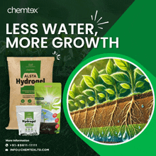 an advertisement for less water more growth with a picture of plants and roots