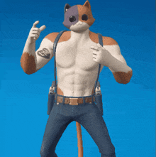 a man with a cat 's head and a tattoo on his arm is kneeling down