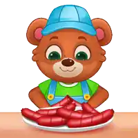 a teddy bear wearing overalls and a blue hat is sitting at a table with a plate of sausages on it