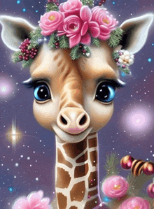 a painting of a giraffe wearing flowers on its head