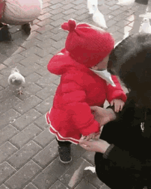 a little girl in a red jacket and hat is holding a pigeon 's hand