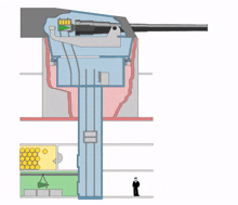 a drawing of a man standing in front of a very large item