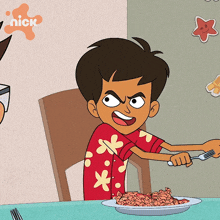 a cartoon of a boy sitting at a table with a plate of food and a nick logo in the background