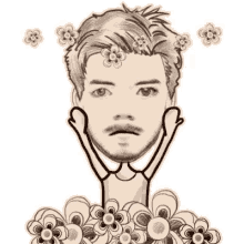 a drawing of a man 's face with flowers surrounding it .