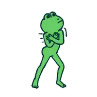 a green frog is standing with its arms crossed and looking at something .
