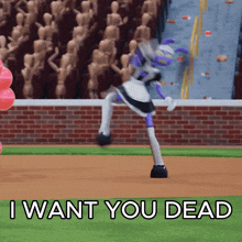 a cartoon character on a baseball field with the words " i want you dead " on the bottom