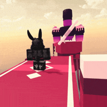 a cartoon character with a sword is standing in front of a purple robot
