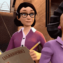 a cartoon character is holding a clipboard that says classified
