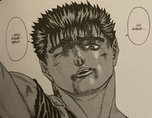 a black and white drawing of a man with a speech bubble saying kill your self