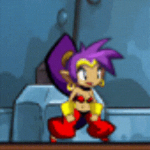 a cartoon character with purple hair and red shoes is standing in a room in a video game .