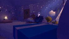 a person is sleeping in a room with a purple n on the ceiling