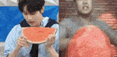 a man is eating a slice of watermelon next to a man holding a watermelon .