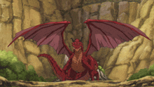 a red dragon sitting on a rock with its wings outstretched