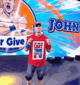 a man in a red shirt with the last time is now on it