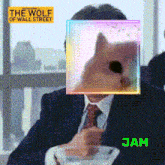 a man in a suit and tie has a picture of a dog in front of his face and the word jam below it