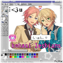 a picture of two anime characters with the words kohaai lesbians on it