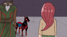 a cartoon of a woman standing next to a wolf and a horse with gifrun.com written below it