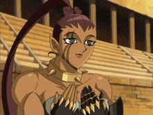 a cartoon character with a ponytail and a necklace with spikes on it