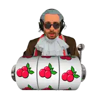 a man wearing headphones and sunglasses is behind a slot machine that has the letter x on it