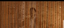 a man in a suit and tie is standing in front of a wooden curtain .