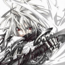 a girl with white hair and red eyes is holding a large sword