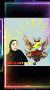 a woman in a hijab is standing in front of a pool ball with wings