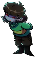 a cartoon of a girl with red eyes and a green shirt