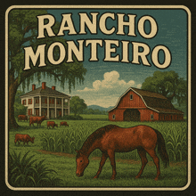 an advertisement for rancho monteiro shows a horse grazing in the grass