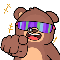 a cartoon of a teddy bear wearing sunglasses points at the camera