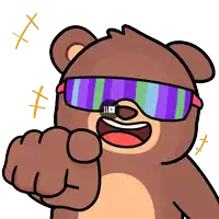 a cartoon of a teddy bear wearing sunglasses points at the camera