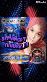 a picture of a girl with the words " official team " on the top