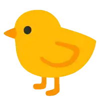 a yellow chicken with orange legs and a black eye on a white background