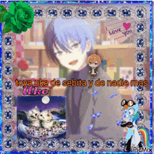 a picture of a boy with blue hair and the words love you on the bottom