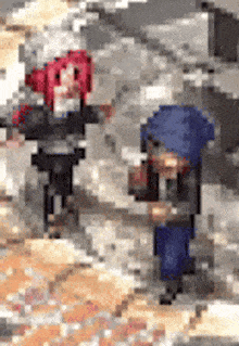 a pixel art of two people standing next to each other in the snow .