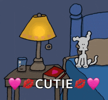 a cartoon of a dog sitting on a bed with the word cutie on it