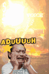a man covering his ears in front of a poster that says " aduuuuh "