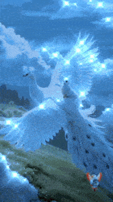a painting of two white peacocks flying in the air