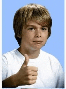 a young man is giving a thumbs up sign .
