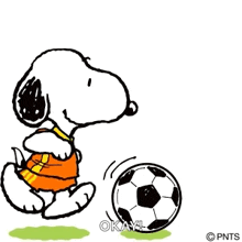 a cartoon of snoopy kicking a soccer ball and saying okay .