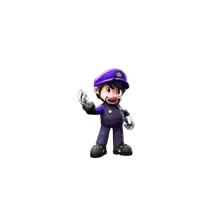 a cartoon character wearing a purple hat and overalls