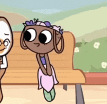 a cartoon of a girl sitting on a bench with flowers in her hair
