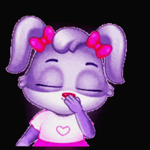 a cartoon bunny with a pink bow on her head is covering her mouth with her hand