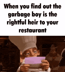 a cartoon chef is holding a piece of paper in his hands in a restaurant .