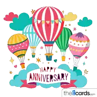 a happy anniversary greeting card with hot air balloons and clouds