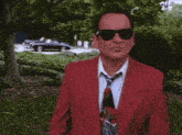 a man wearing sunglasses and a red suit stands in a park