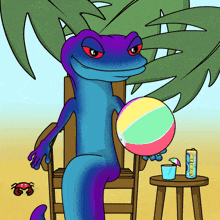a purple lizard is sitting in a chair holding a beach ball and a can of super energy