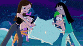 a group of cartoon characters are holding pillows together